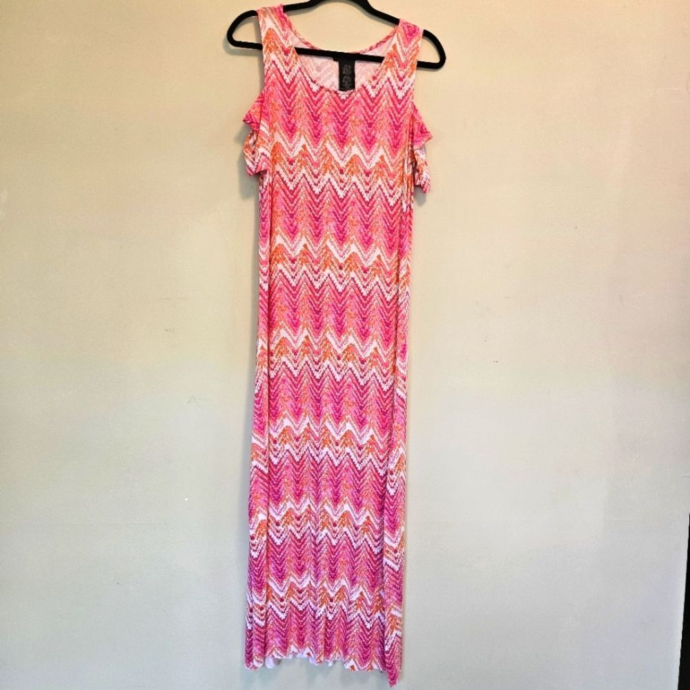 Design History Maxi Dress Sz S Pink Orange Chevron Jersey Knit Side Split